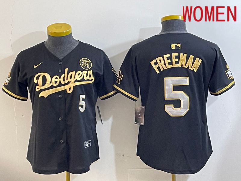 Women Los Angeles Dodgers #5 Freeman Black Gold Fashion Nike 2024 MLB Jersey style 1120